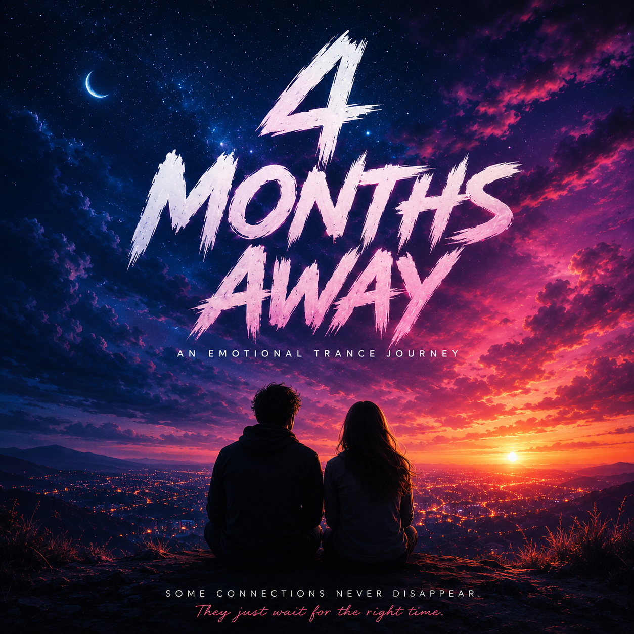 Four Months Away — album artwork showing two people beneath a vivid star-filled twilight sky